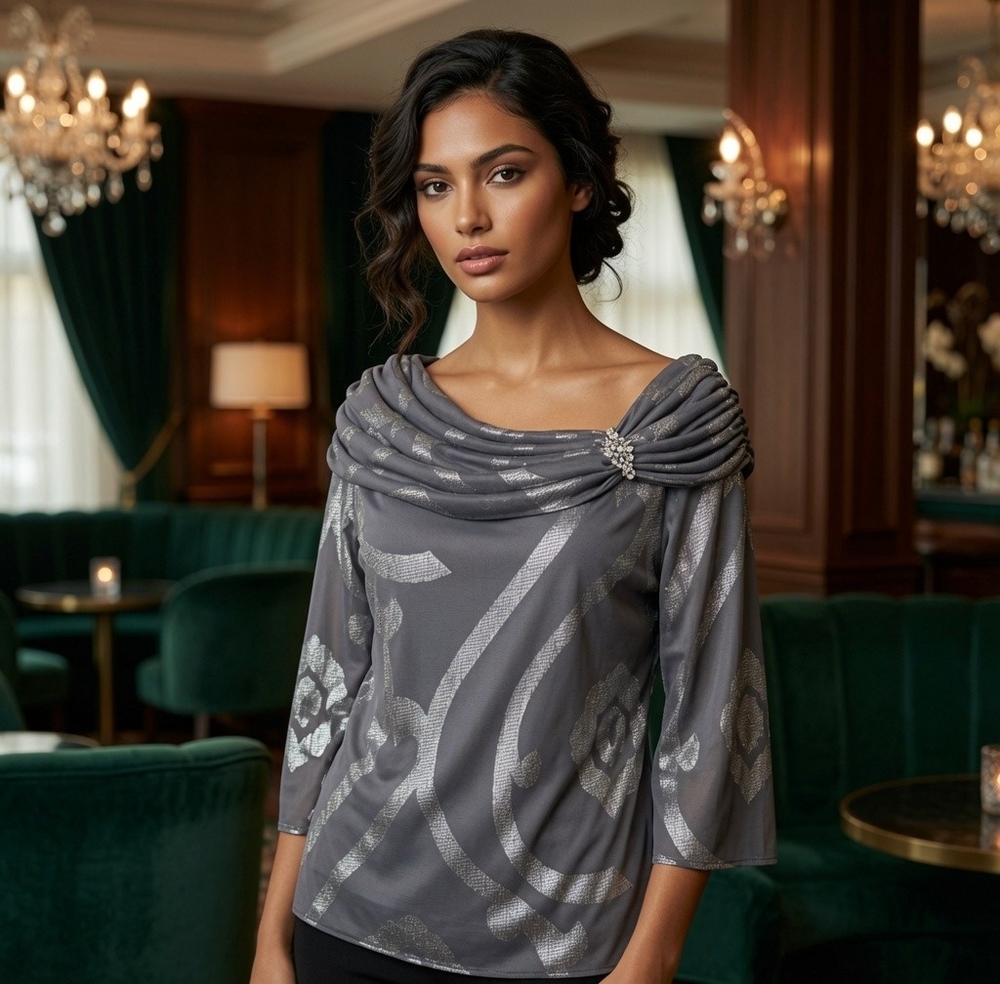 MSK Grey Metallic Print Off Shoulder Draped Cowl Neck Top Rhinestone Sz L VG